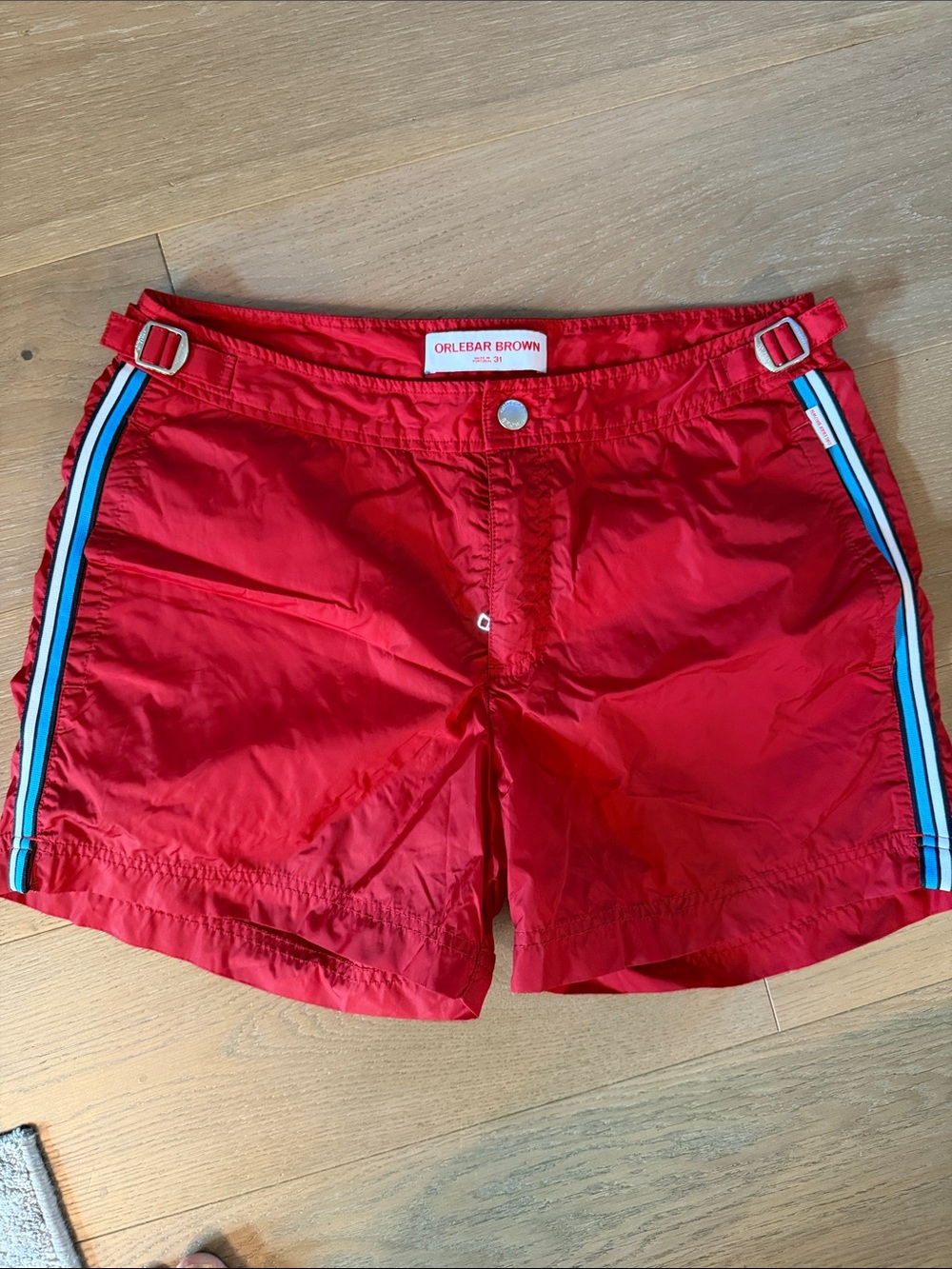 Orlebar Brown Red Swim Shorts with Contrast Side Stripes 31 Setter